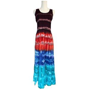 Dots Ombre Tie Dye Maxi Sundress Size S Vintage Beach Hippie India Tiered Dress